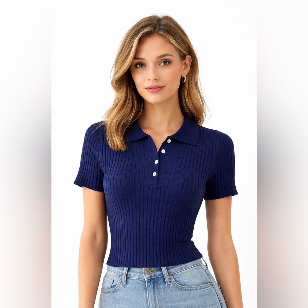 NWOT Free People Navy Blue Ribbed Knit Polo Button Up Collared Dark Academia Top
